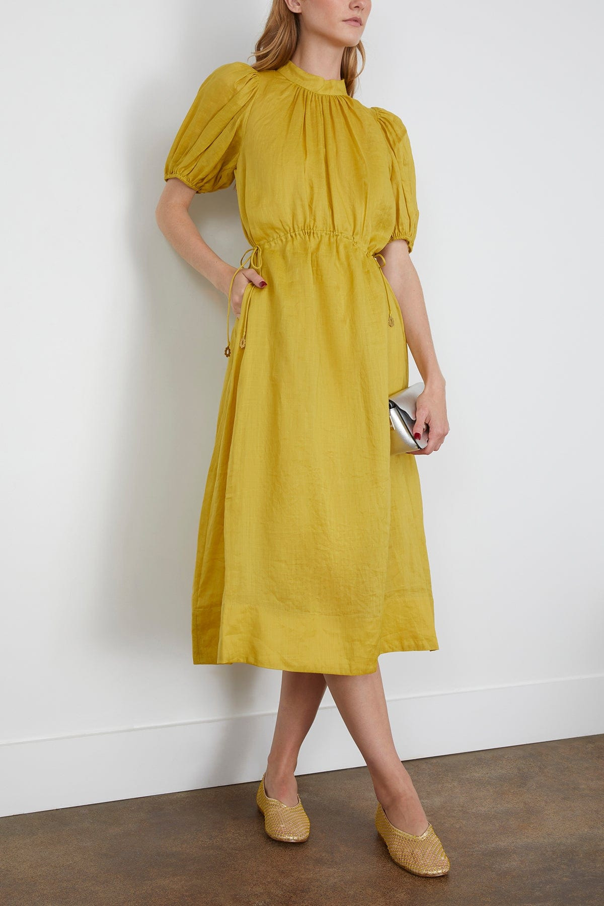 Anise Solid Puff Sleeve Midi Dress in Chartreuse - 2