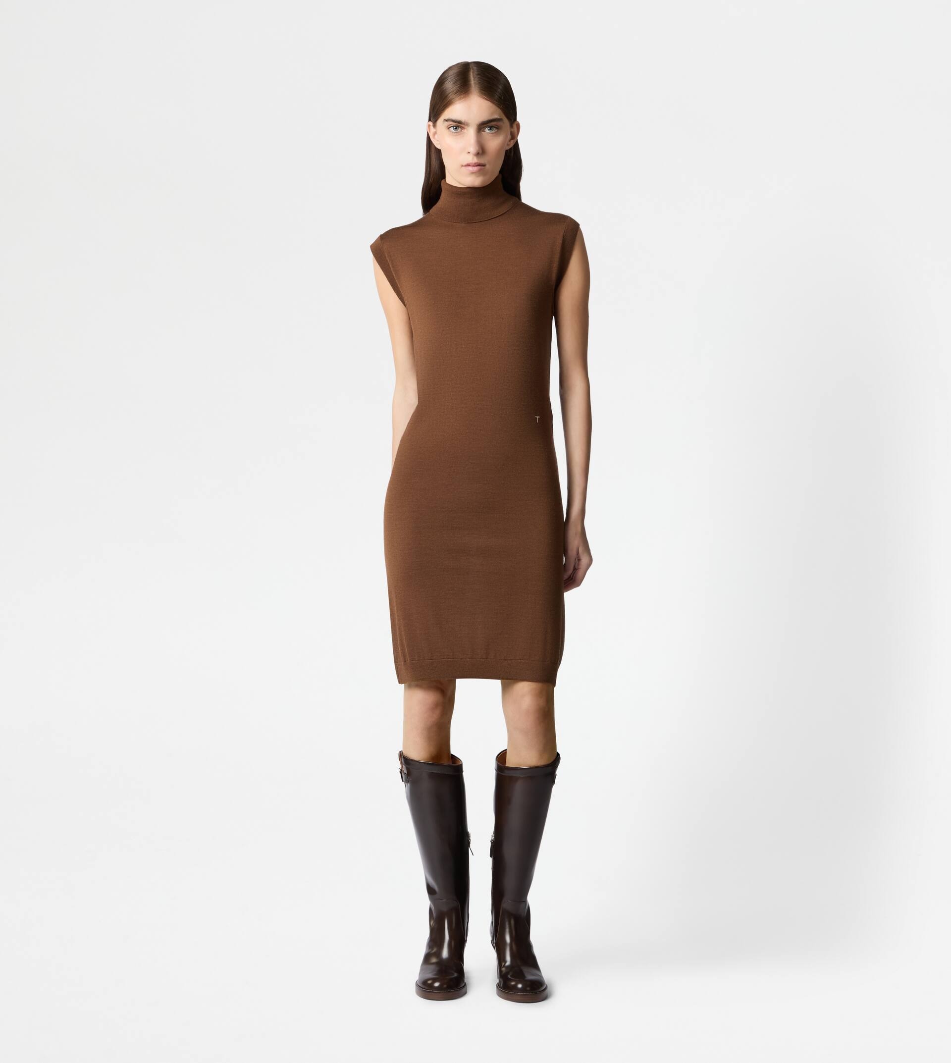 DRESS IN SILK BLEND KNIT - BROWN - 2