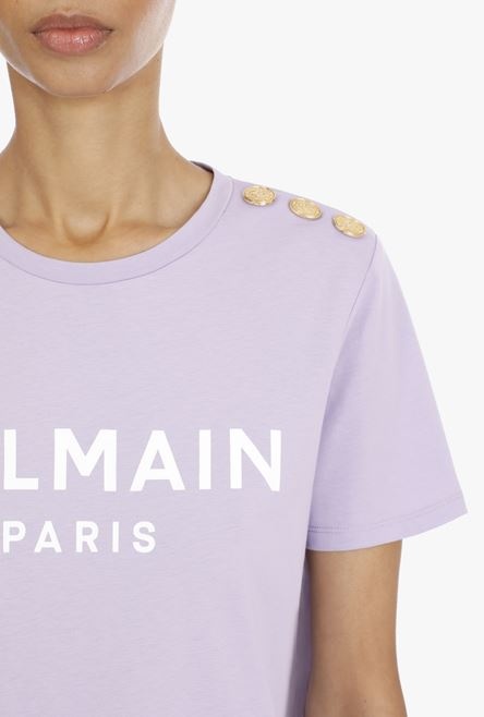 Lilac cotton T-shirt with flocked white Balmain logo - 7