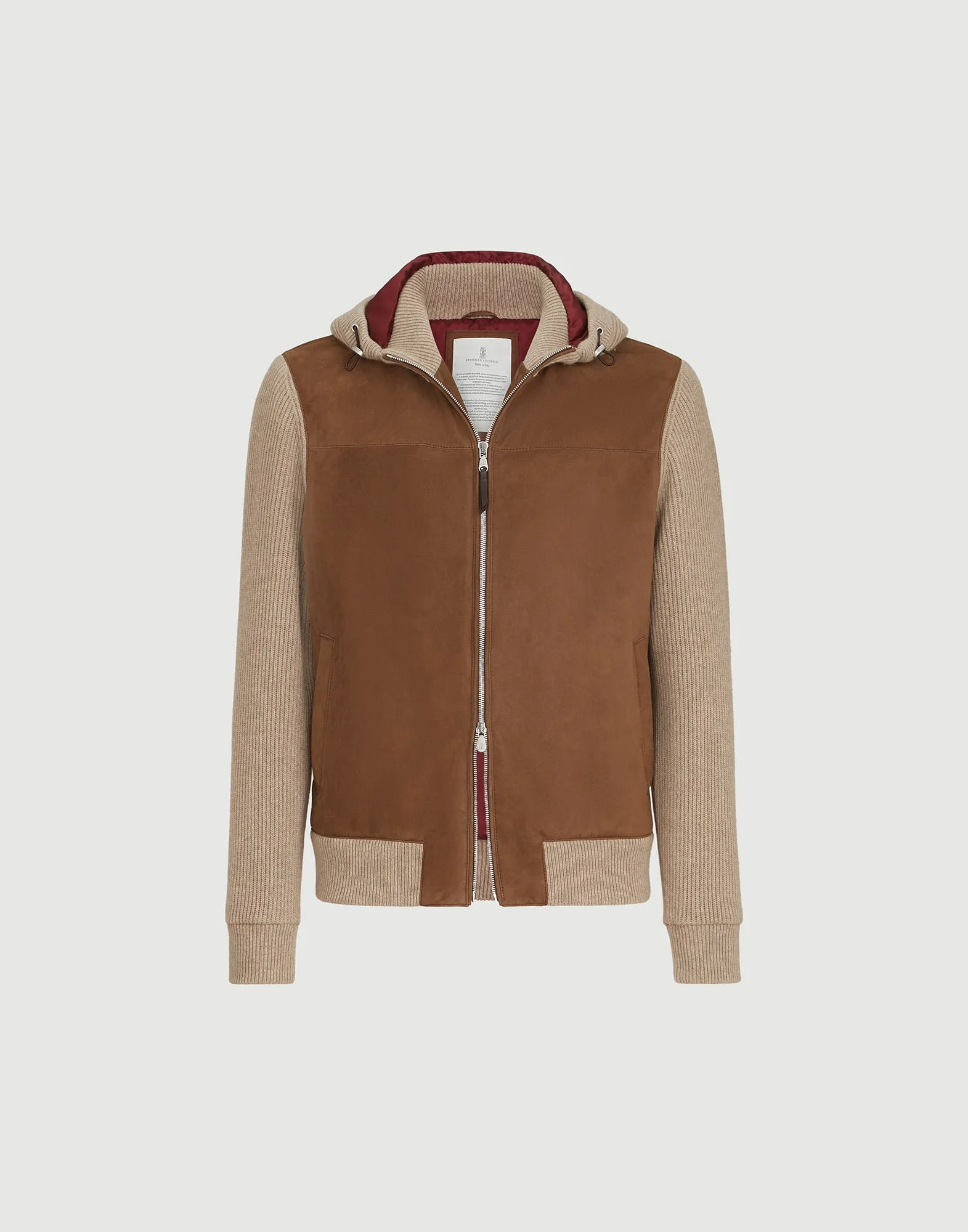 Suede and cashmere knit hooded bomber jacket with Thermore® padding - 1