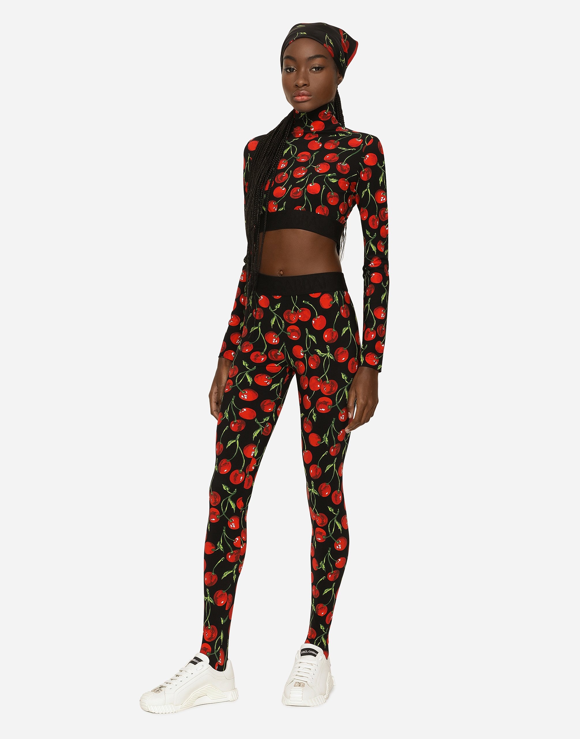Cherry-print technical jersey turtle-neck top with branded elastic - 2
