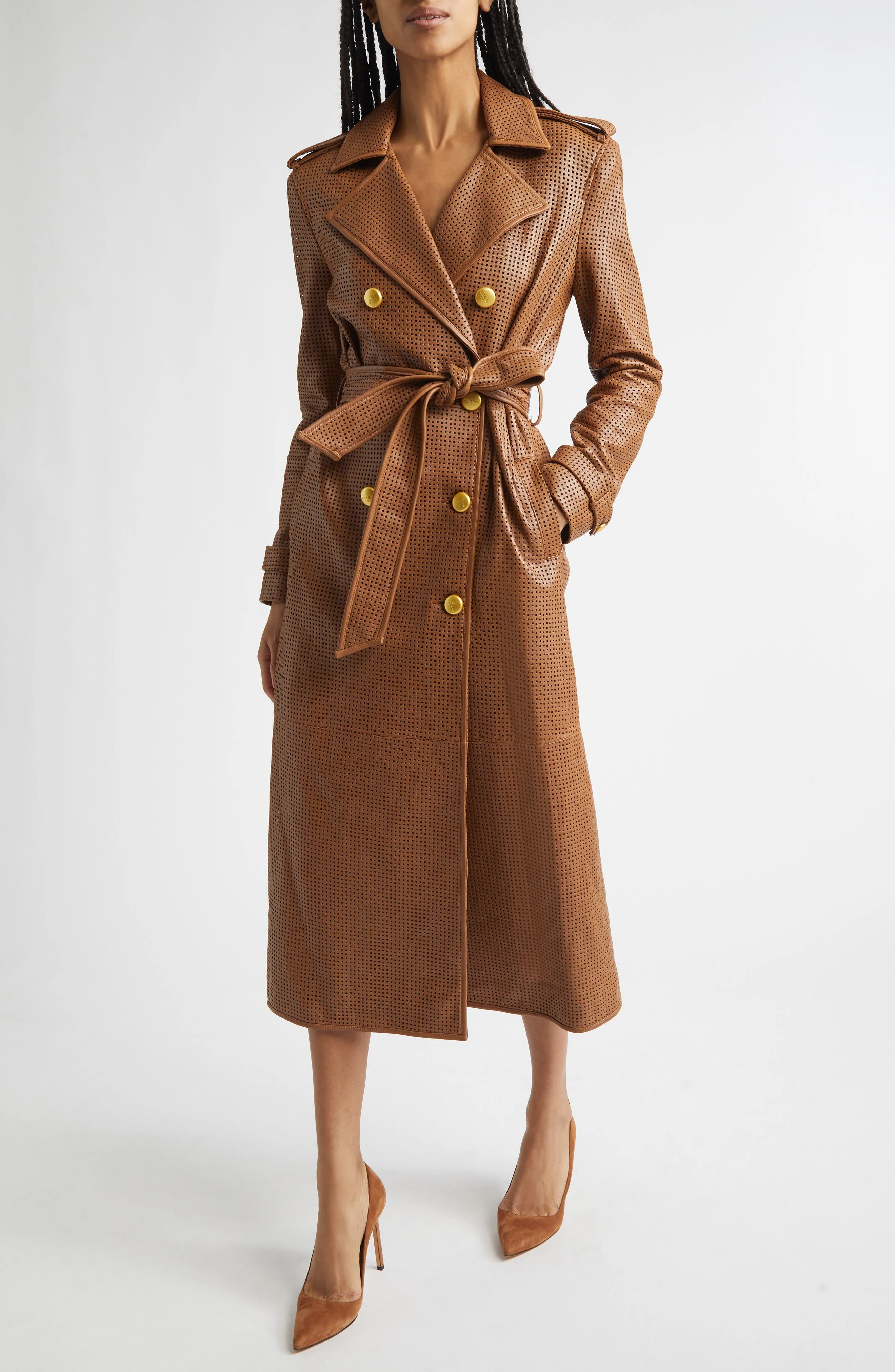 L'AGENCE Baylee Perforated Leather Trench Coat in Soft Cognac at Nordstrom - 1