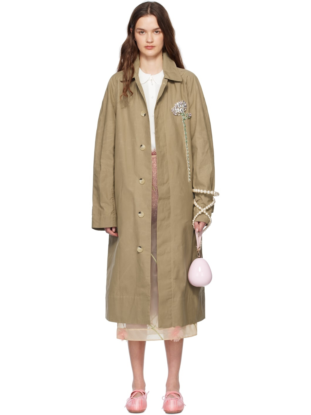 Beige Embellished Carnation Car Coat - 1