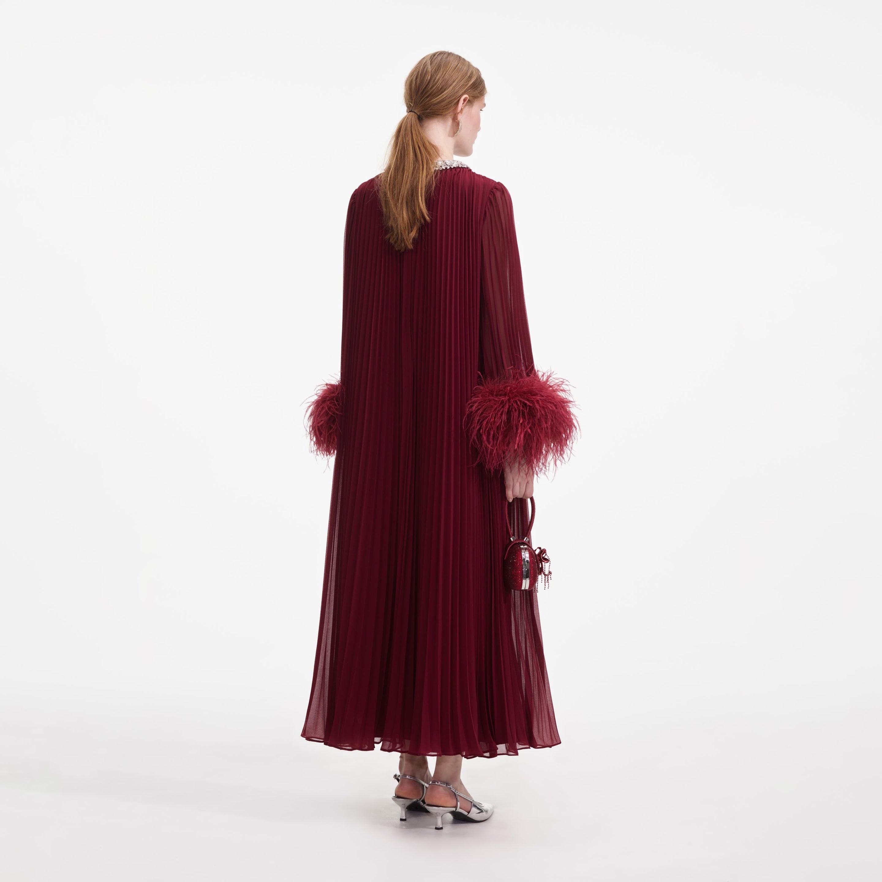 self-portrait Burgundy Chiffon Feather Midi Dress | REVERSIBLE