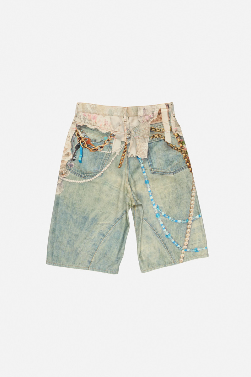 Denim shorts - loose fit - White/green 7