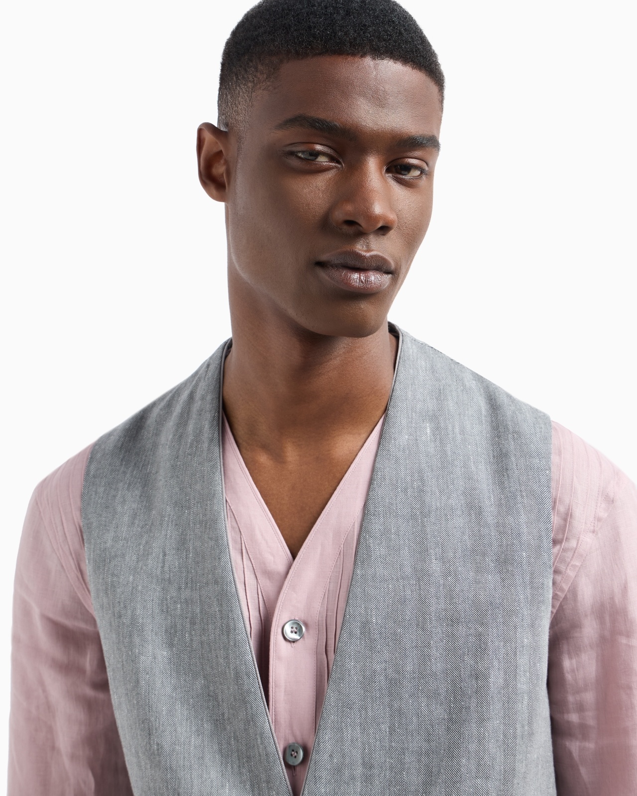SINGLE-BREASTED WAISTCOAT IN CHEVRON LINEN AND VIRGIN WOOL - 5