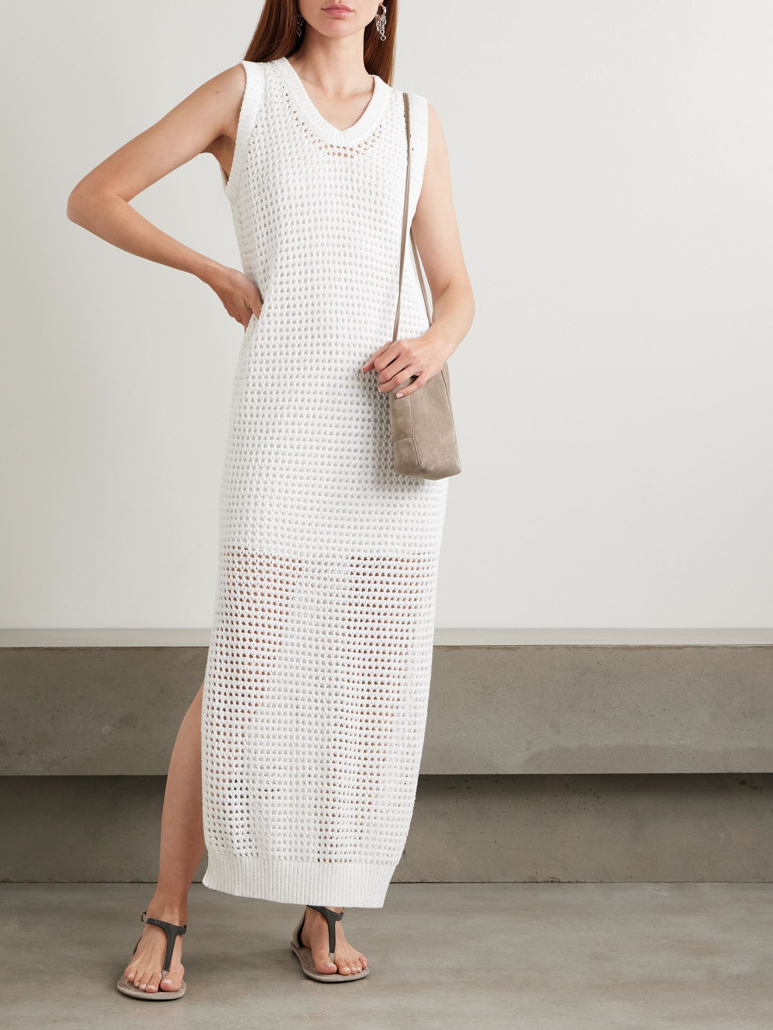 Sequin-embellished open-knit cotton-blend midi dress White - 2