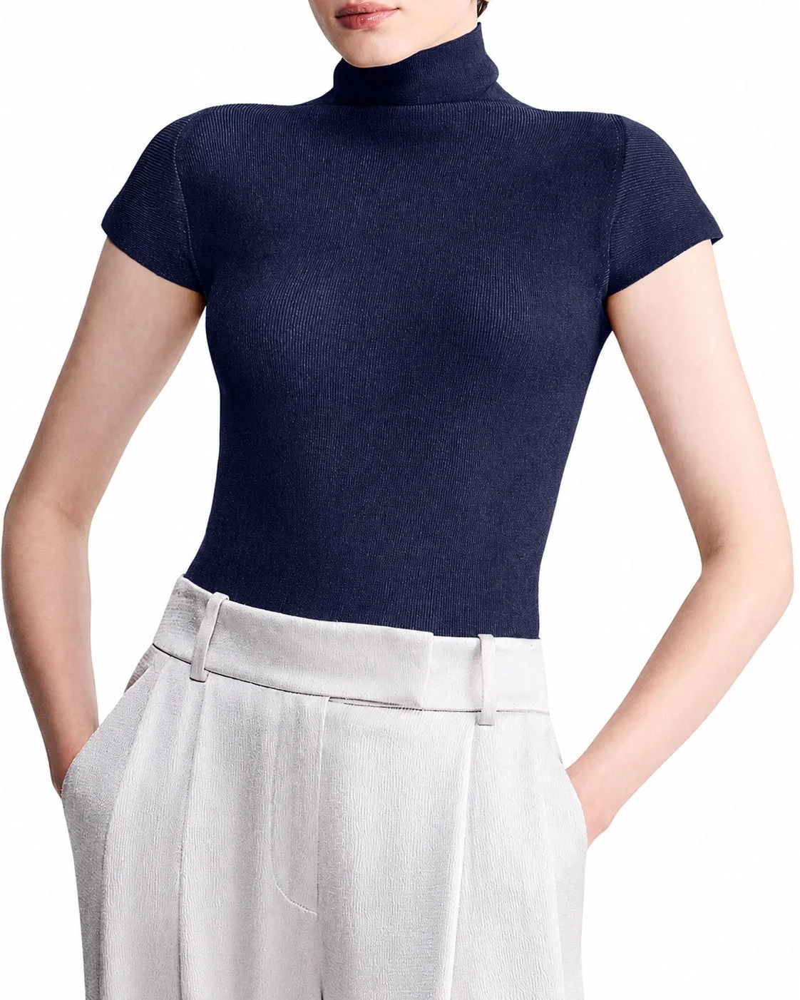 ENGLISH RIBBED VISCOSE TURTLENECK TOP WITH SHORT SLEEVES - 1
