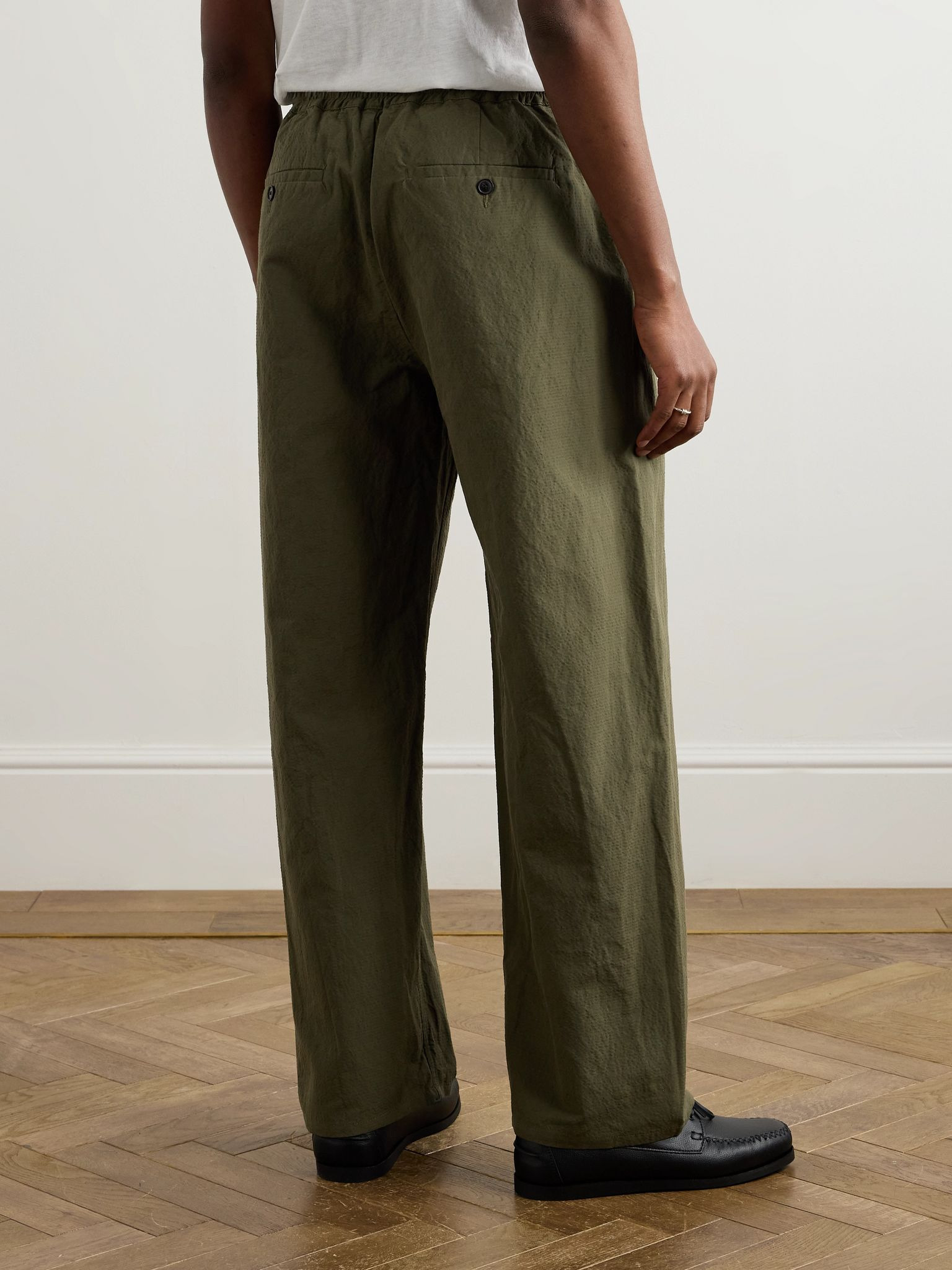 Samurai Wide-Leg Cotton and Linen-Blend Seersucker Drawstring Suit Trousers Green - 4