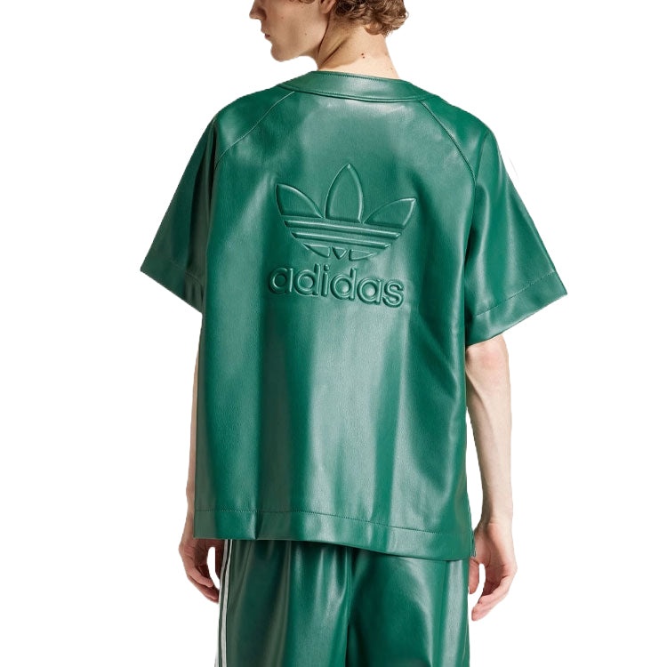 adidas Faux Leather Adicolor 3-Stripes Baseball Shirt Asia Sizing 'Collegiate Green' IZ4047 - 3