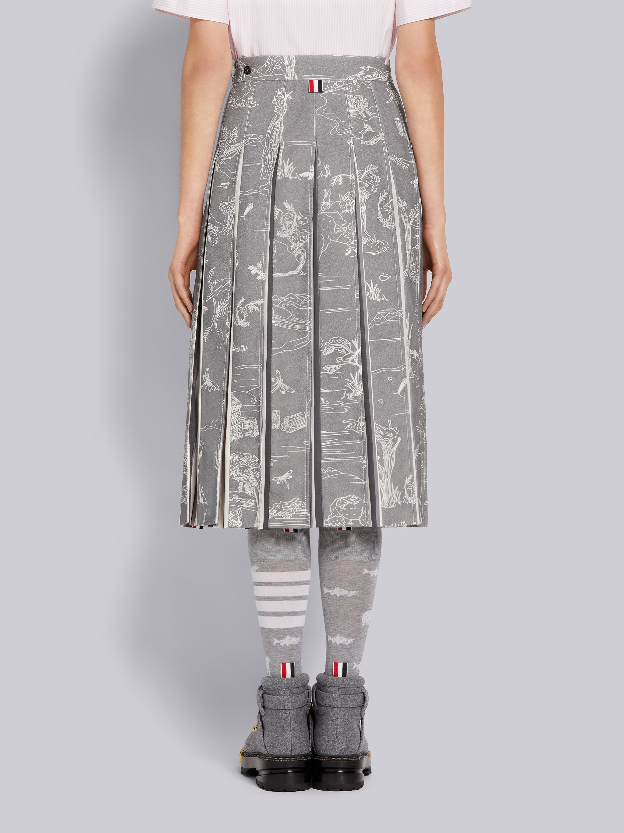 Medium Grey Animal Camp Toile Cotton Canvas Dropped Back Pleated Below-the-Knee Skirt - 3