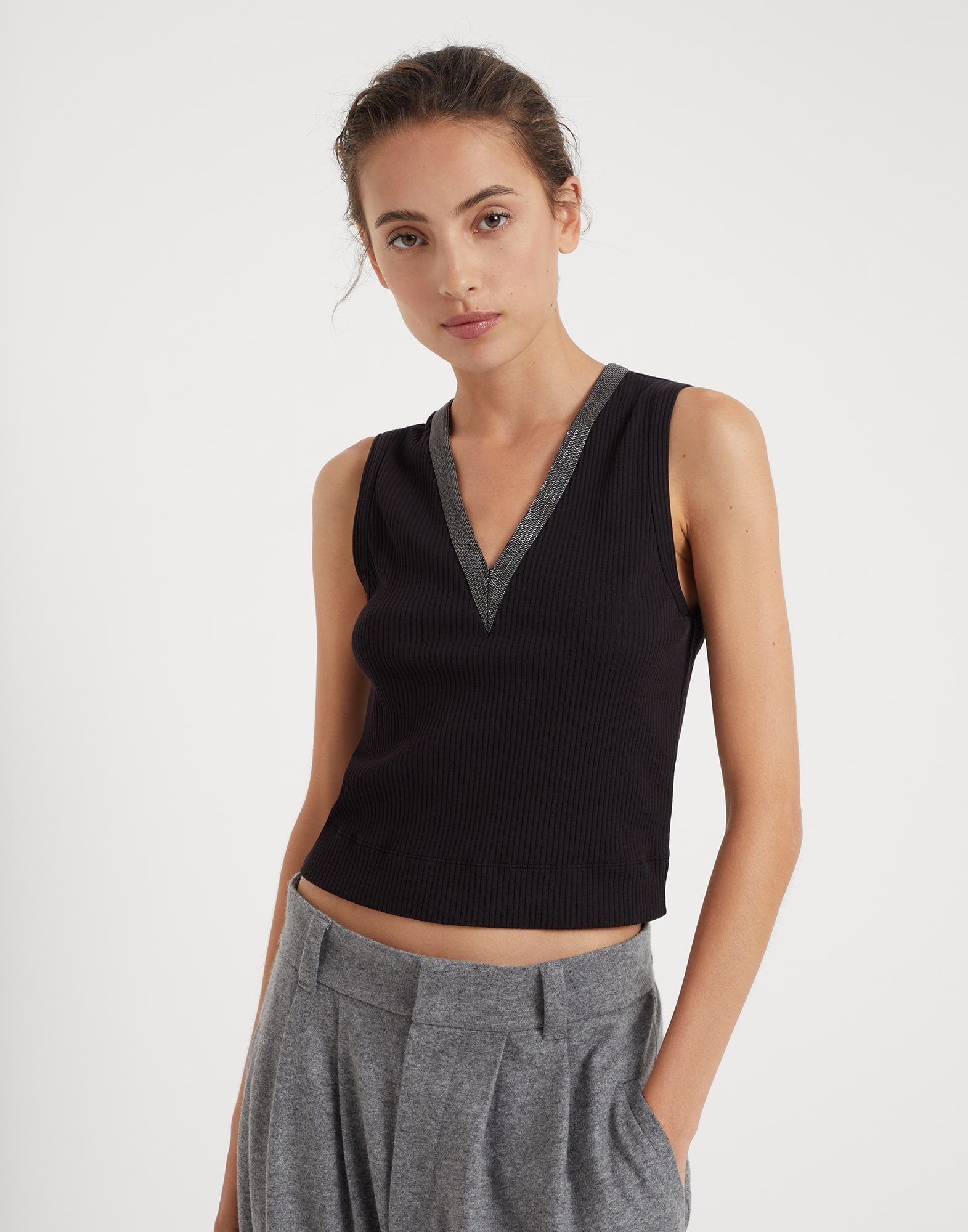 Stretch cotton ribbed jersey cropped top with precious neckline - 1