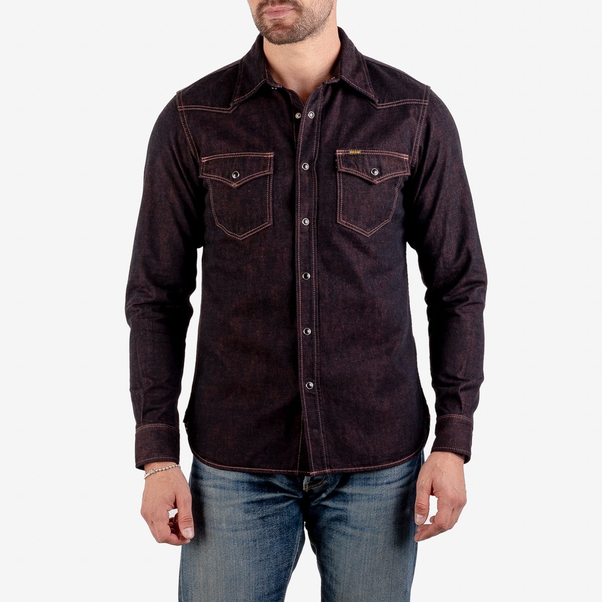 IHSH-352-RED 10oz Selvedge Denim Western Shirt - Indigo Overdyed Red - 2