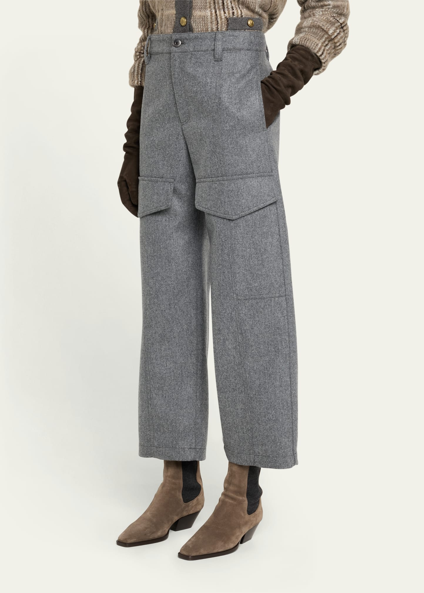 Wool Flannel Wide-Leg Ankle Cargo Pants - 4