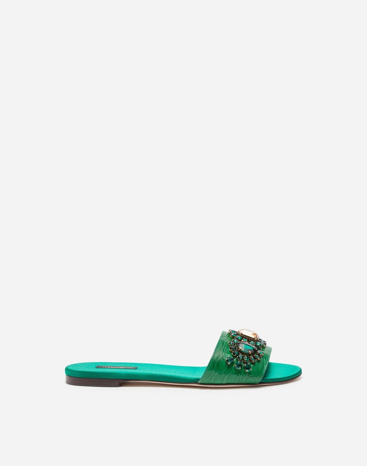 Crocodile flank leather sliders with bejeweled embellishment - 1