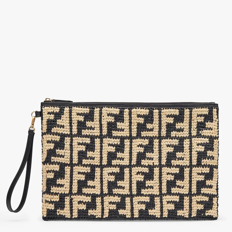 Large pouch with removable bracelet handle. Zip fastening. Made of crocheted natural-colored and bla 1