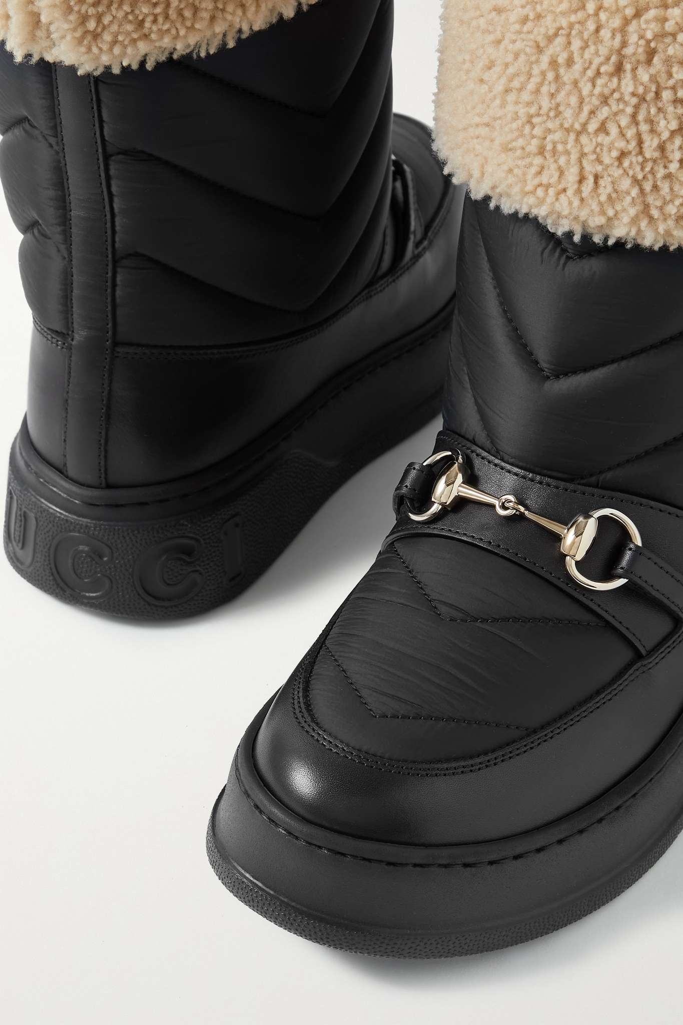 Horsebit shearling and leather-trimmed logo-print felt snow boots - 4