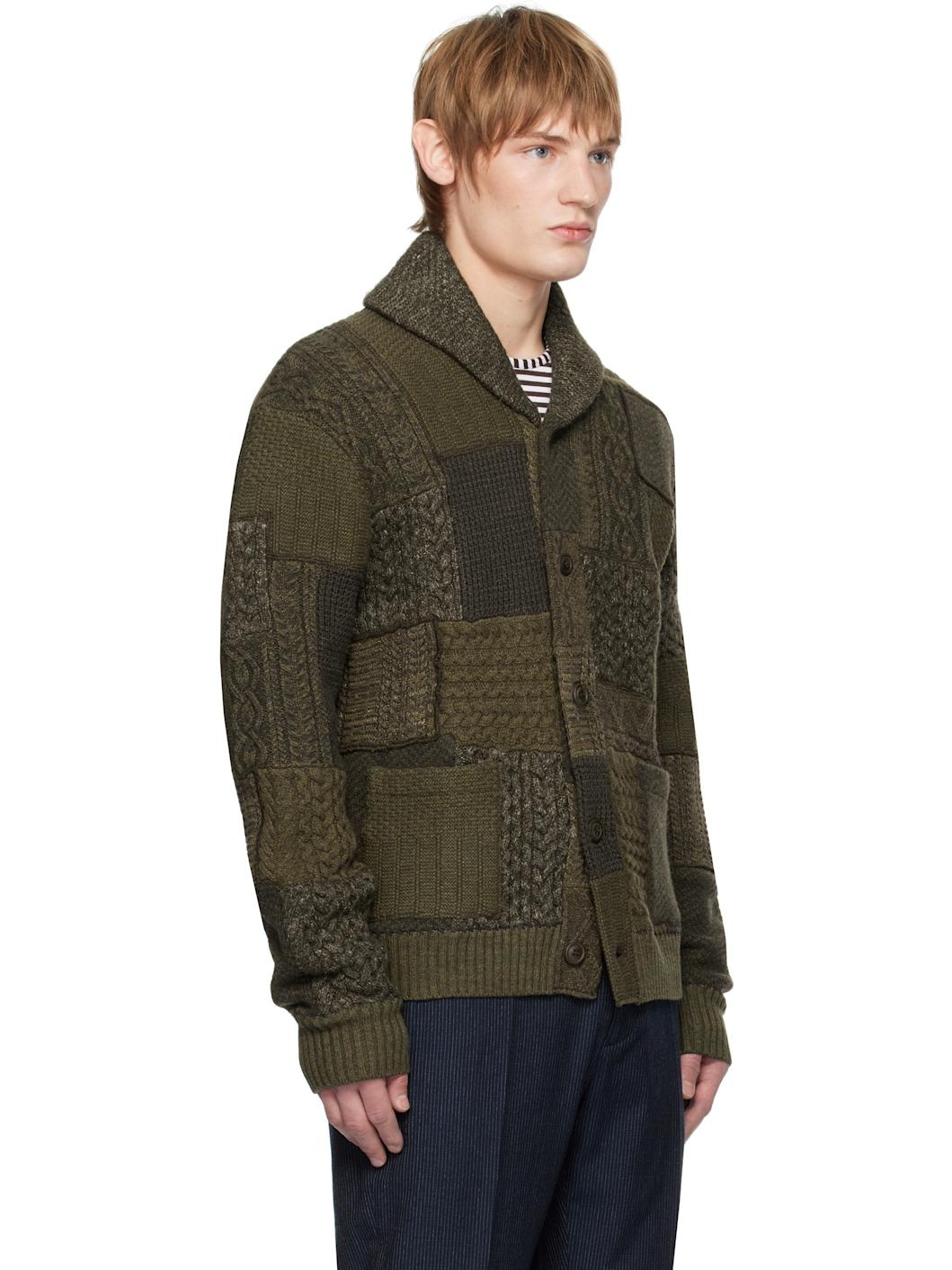 Khaki Patchwork Wool-Blend Shawl Cardigan - 2