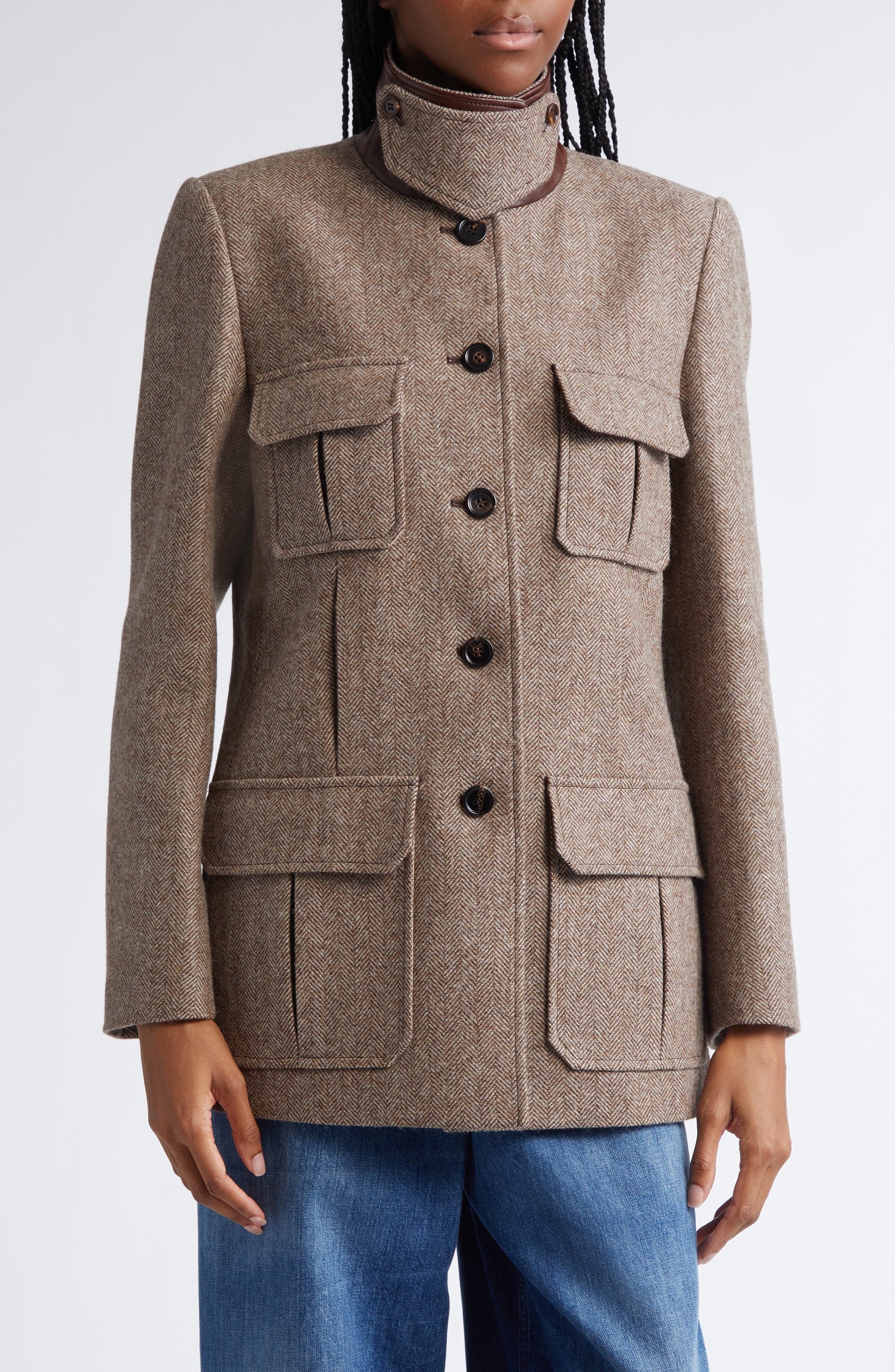 Chloé Herringbone Wool Twill Jacket in Somber Brown at Nordstrom - 1