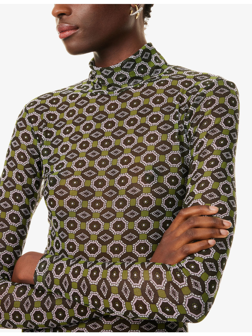 Printed High-Neck Stretch-Woven Top - 5