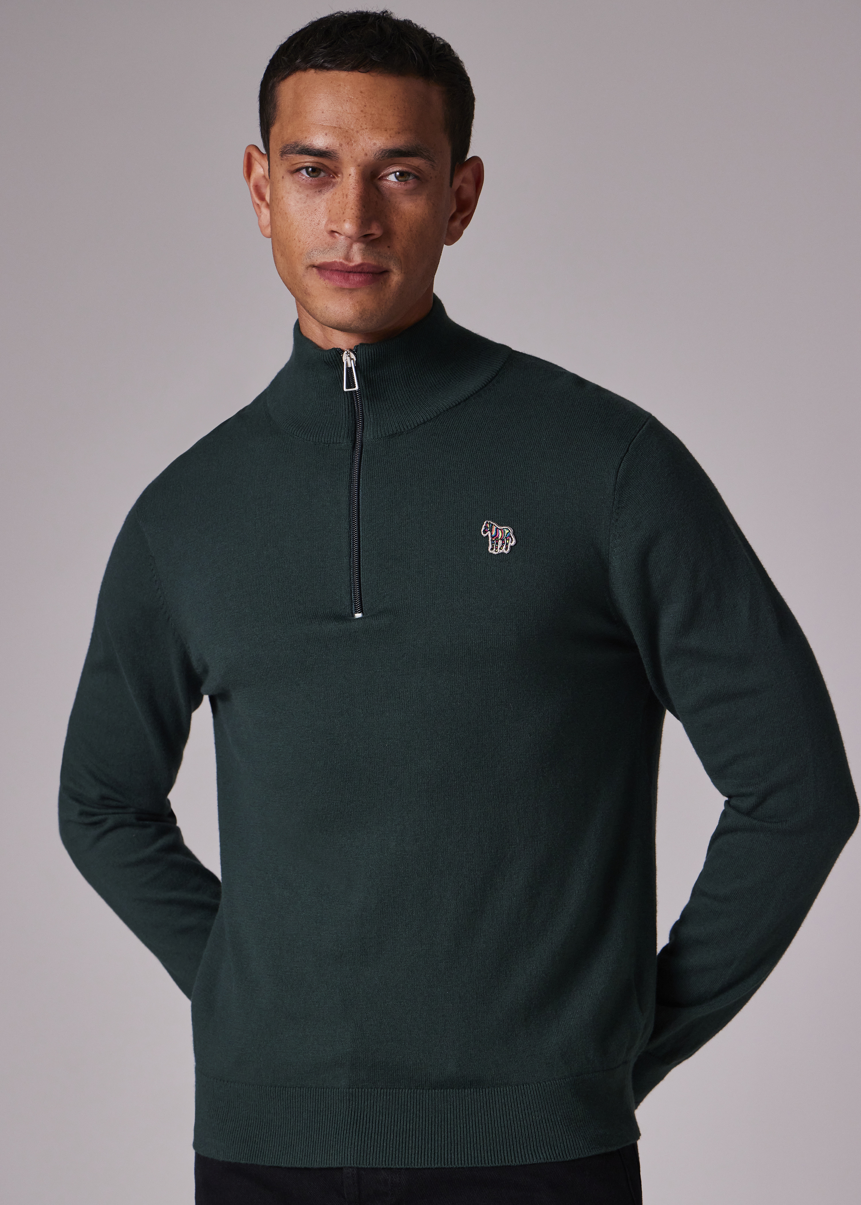 Dark Green Cotton-Blend Zebra Logo Half Zip Sweater - 5