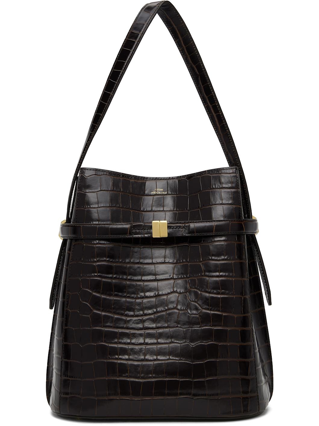 Brown Belted Croco-Embossed Bucket Bag - 1