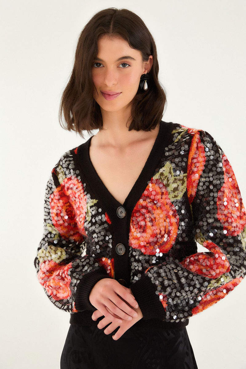 Black Latin Roses Buttoned Sequined Knit Cardigan 3