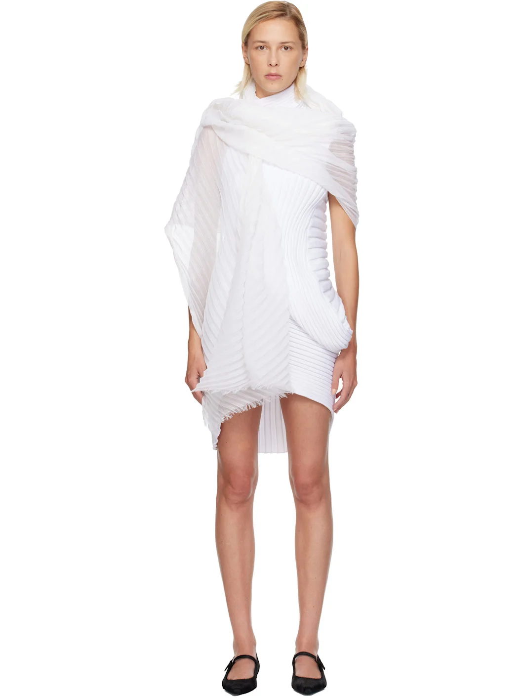 White Silk Wool Pleats Stole Scarf - 1