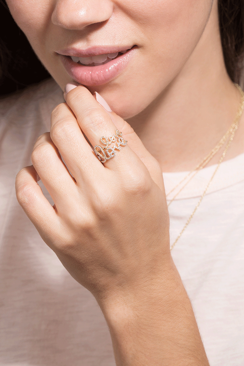 Diamond Pave Love Script Ring - 2