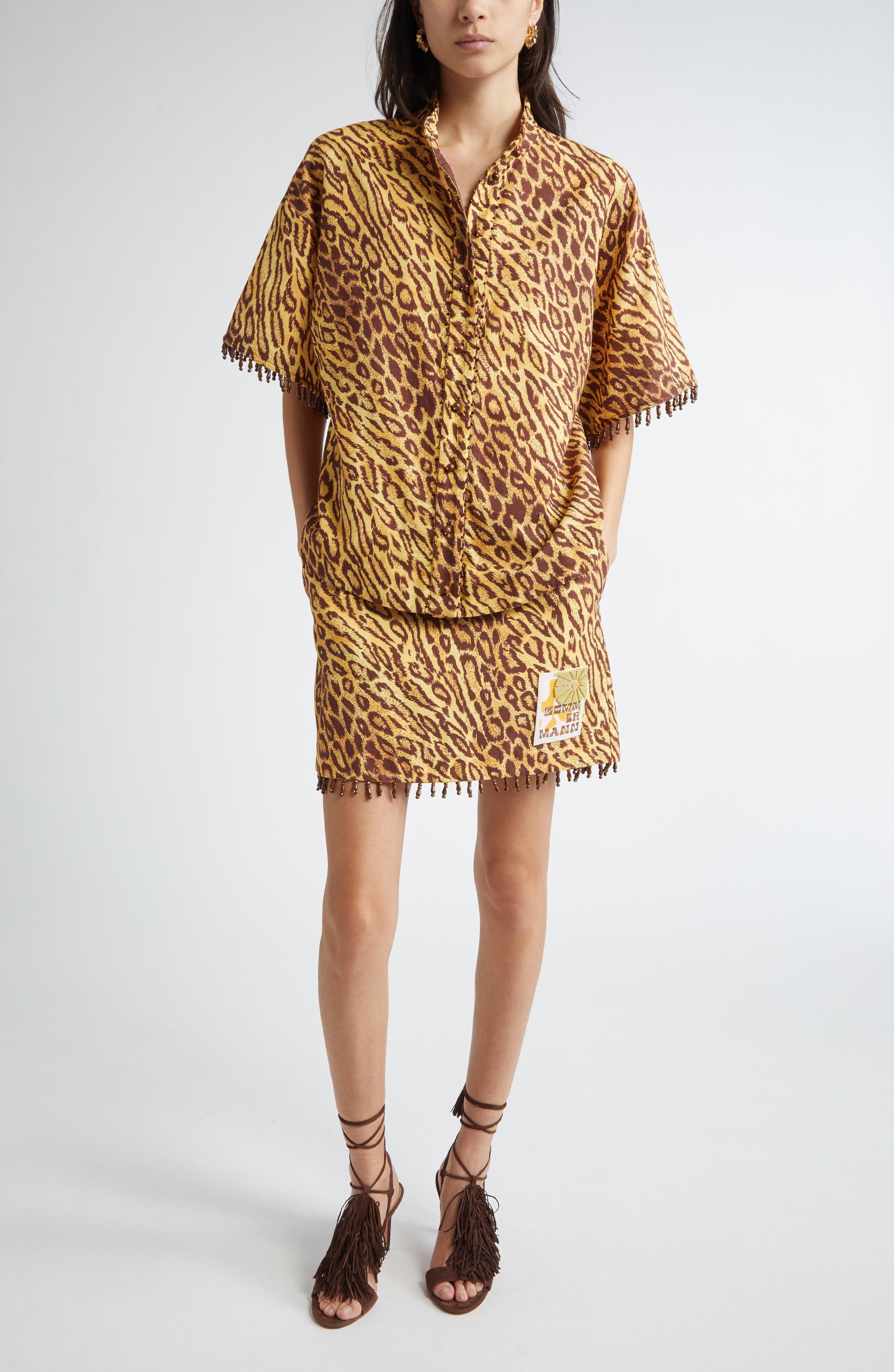 Zimmermann Coco Leopard Print Beaded Fringe Shirt at Nordstrom - 2