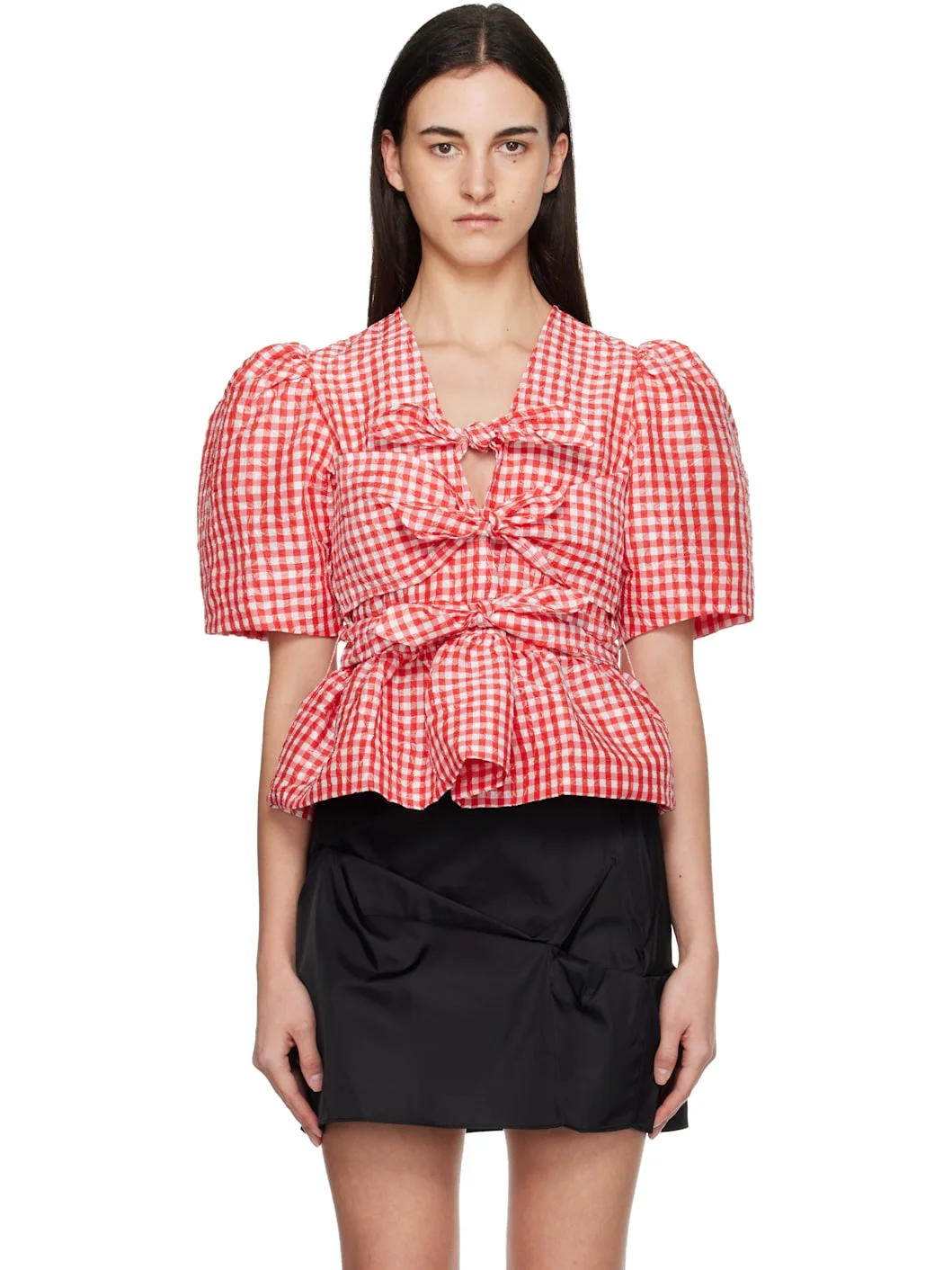 Red Crinkled Check Taffeta Blouse - 1