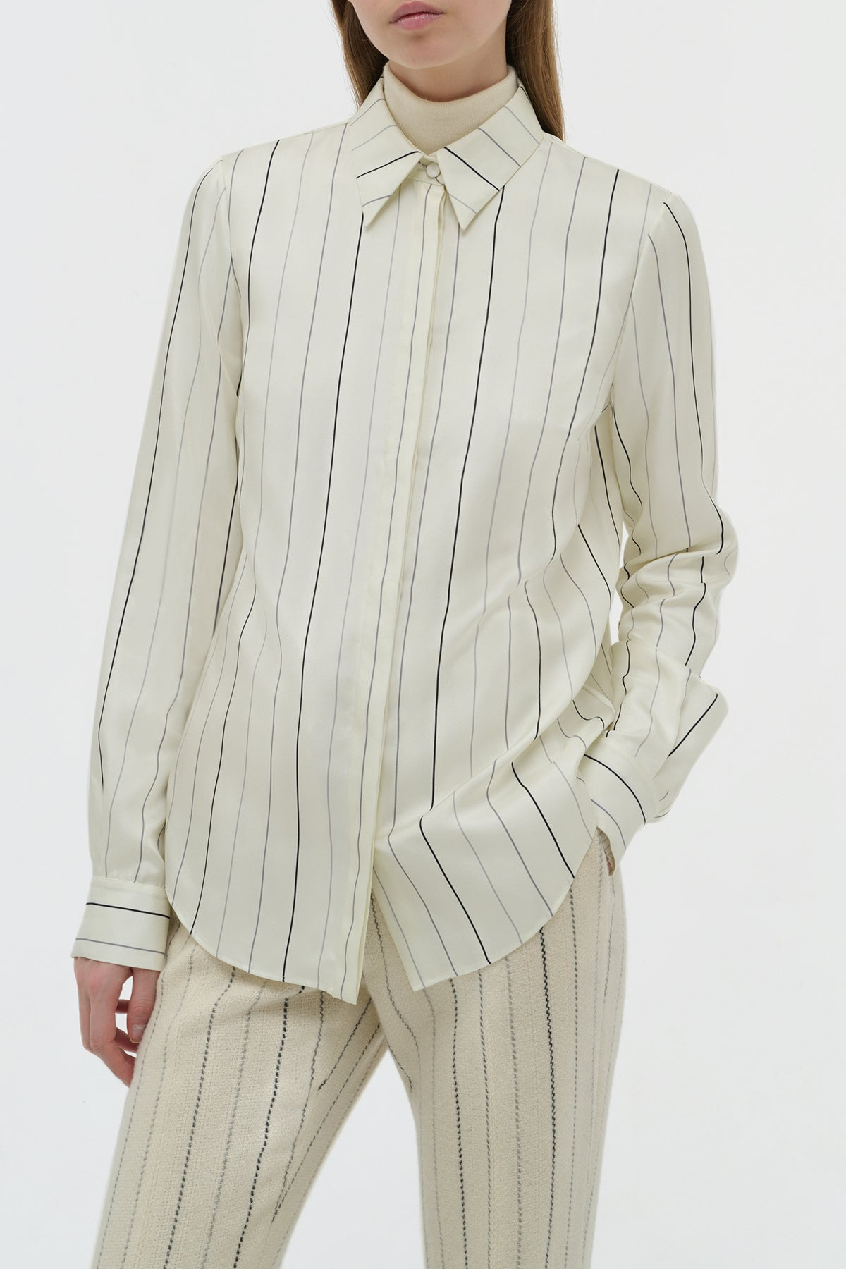 Henri Blouse in Ivory Multi Pinstripe Silk Twill - 5