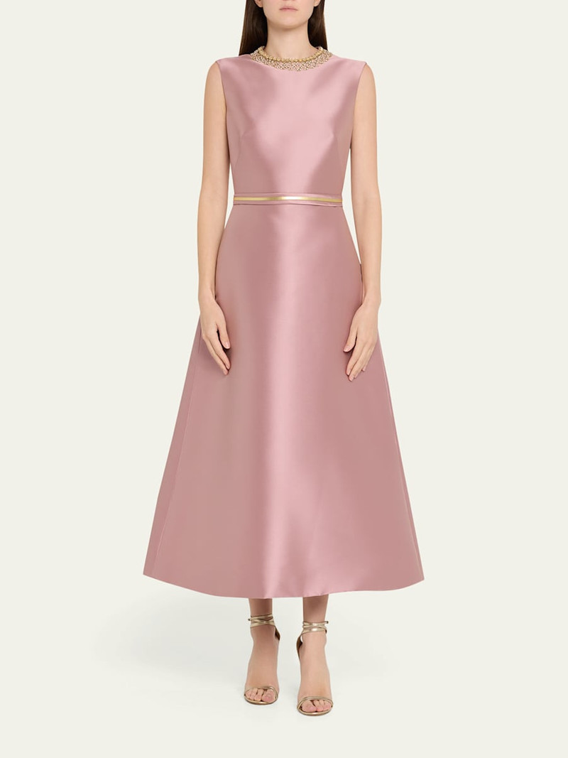 REEM ACRA Embroidered Mikado Silk Sleeveless Tea-Length Dress outlook
