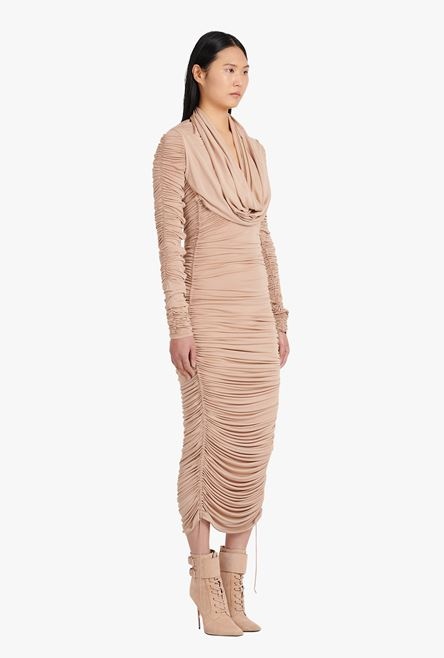 Mid-length beige jersey hooded dress - 7