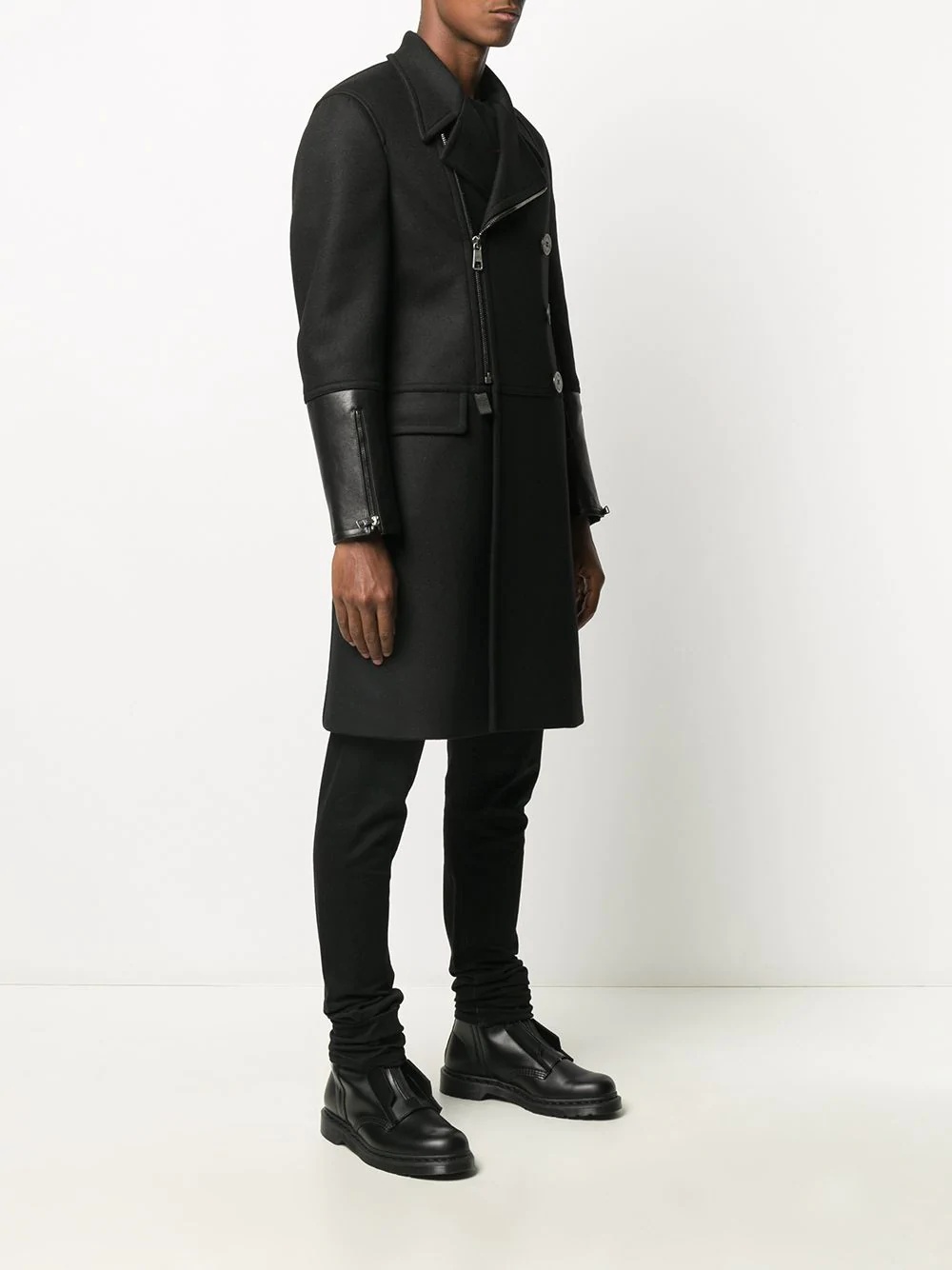 tailored coat with long leather cuffs - 3