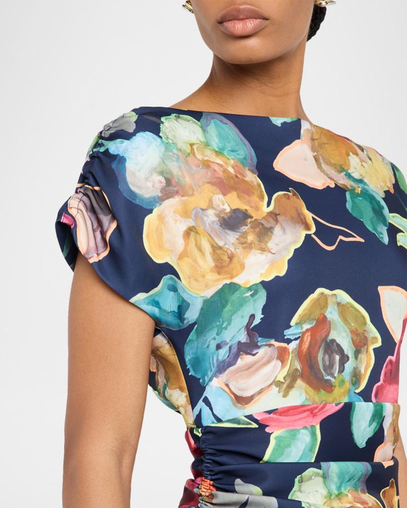 Floral Print Ruched Crepe Midi Dress 6
