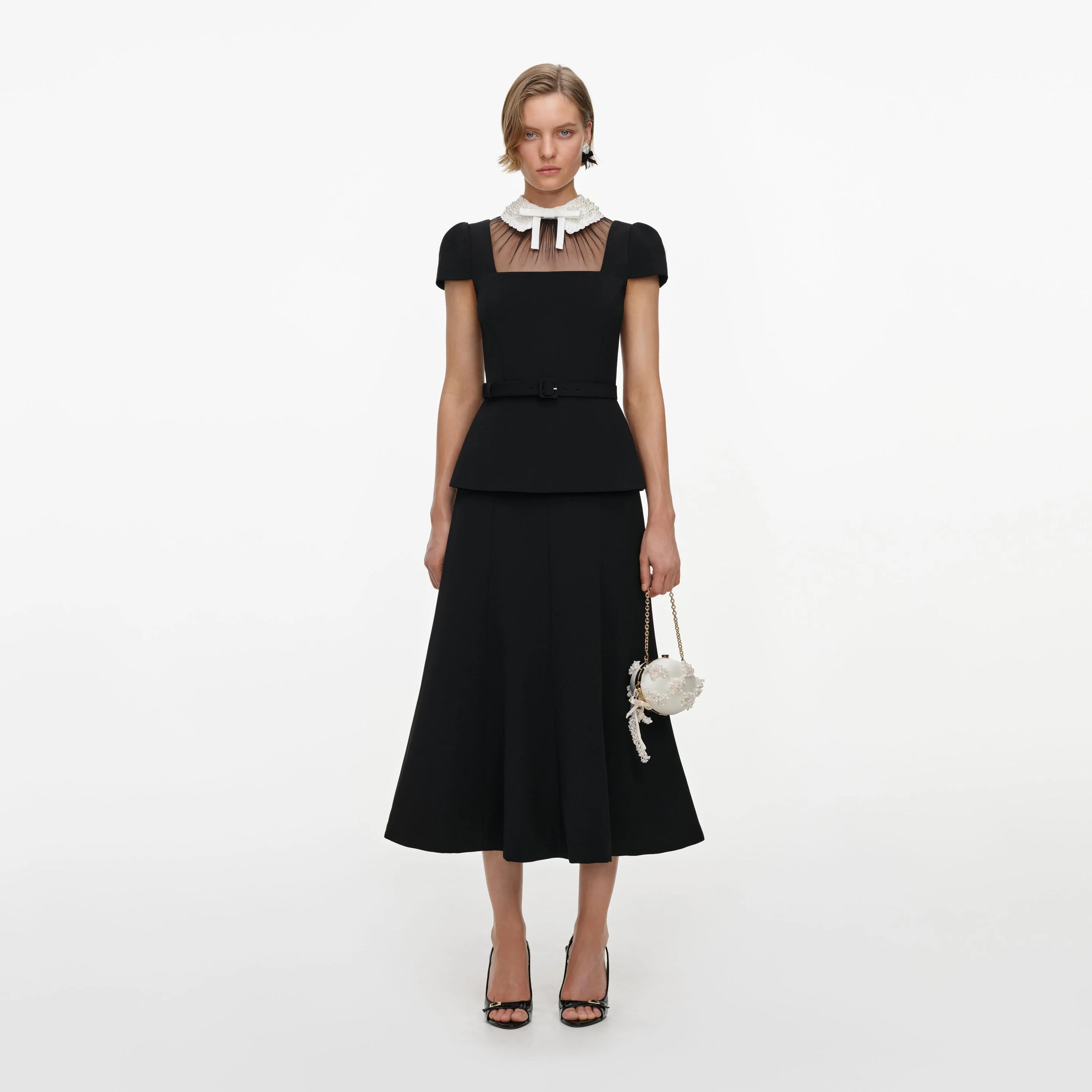 Black Crepe Bow Peplum Midi Dress - 1