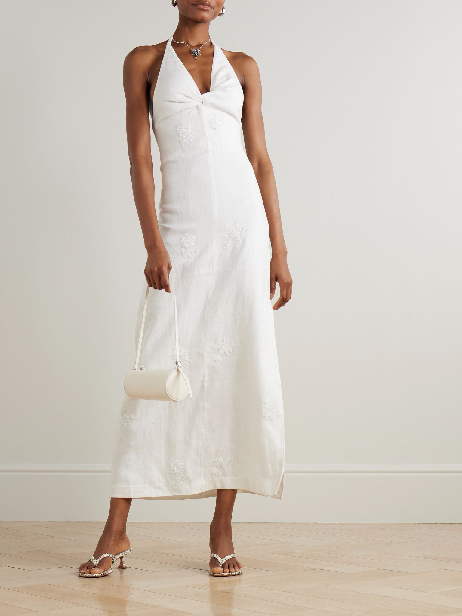 Alessandra twist-front embroidered linen halterneck midi dress White - 2
