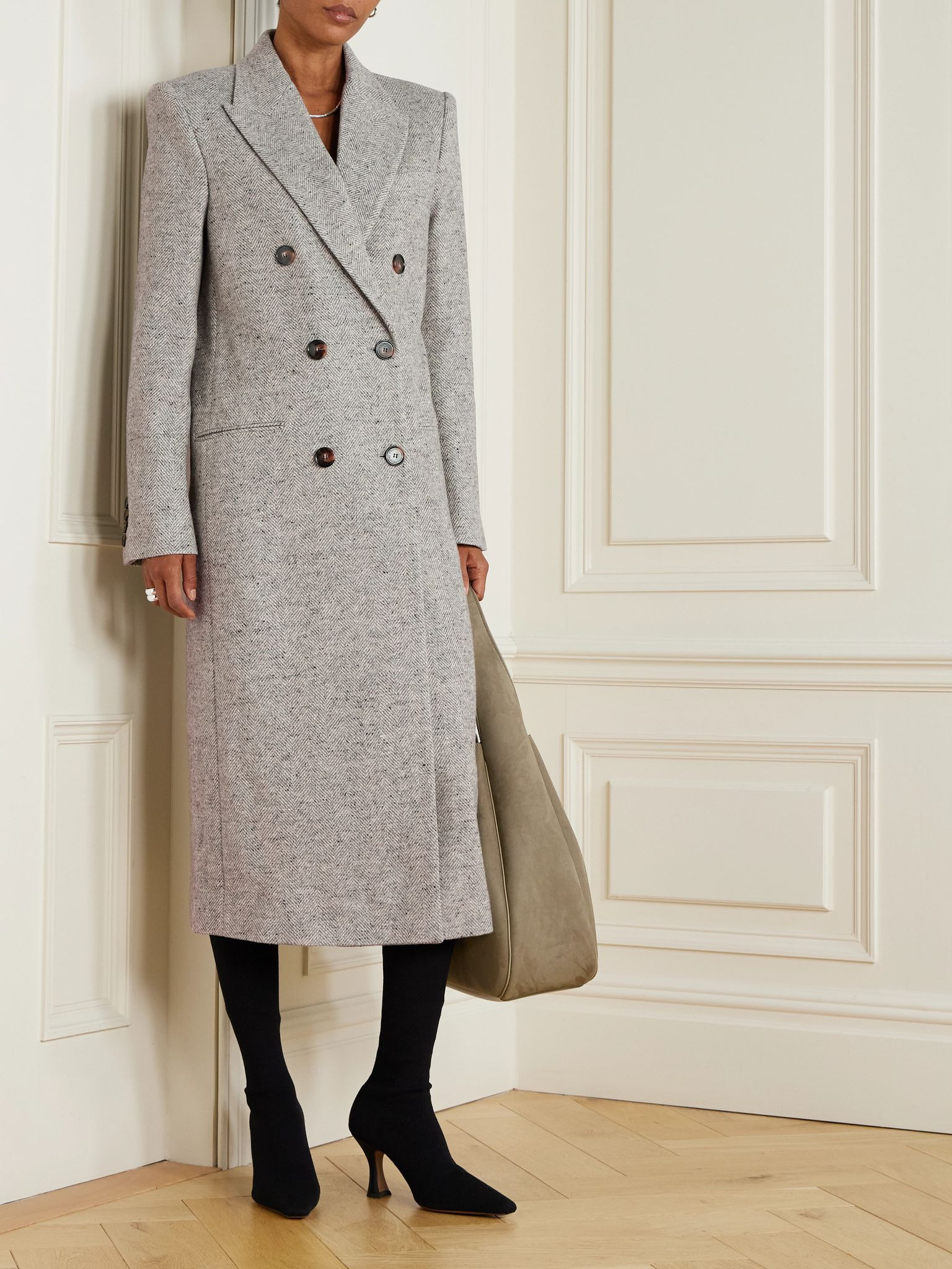 Double-breasted herringbone wool and silk-blend coat Gray - 2