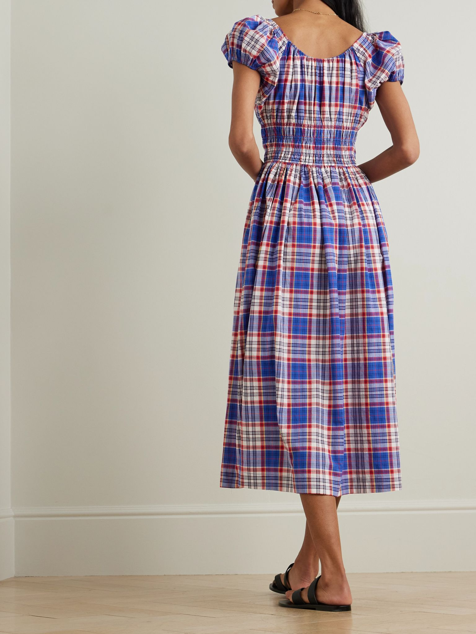 Quinn checked tie-detailed shirred cotton-poplin midi dress Blue - 3