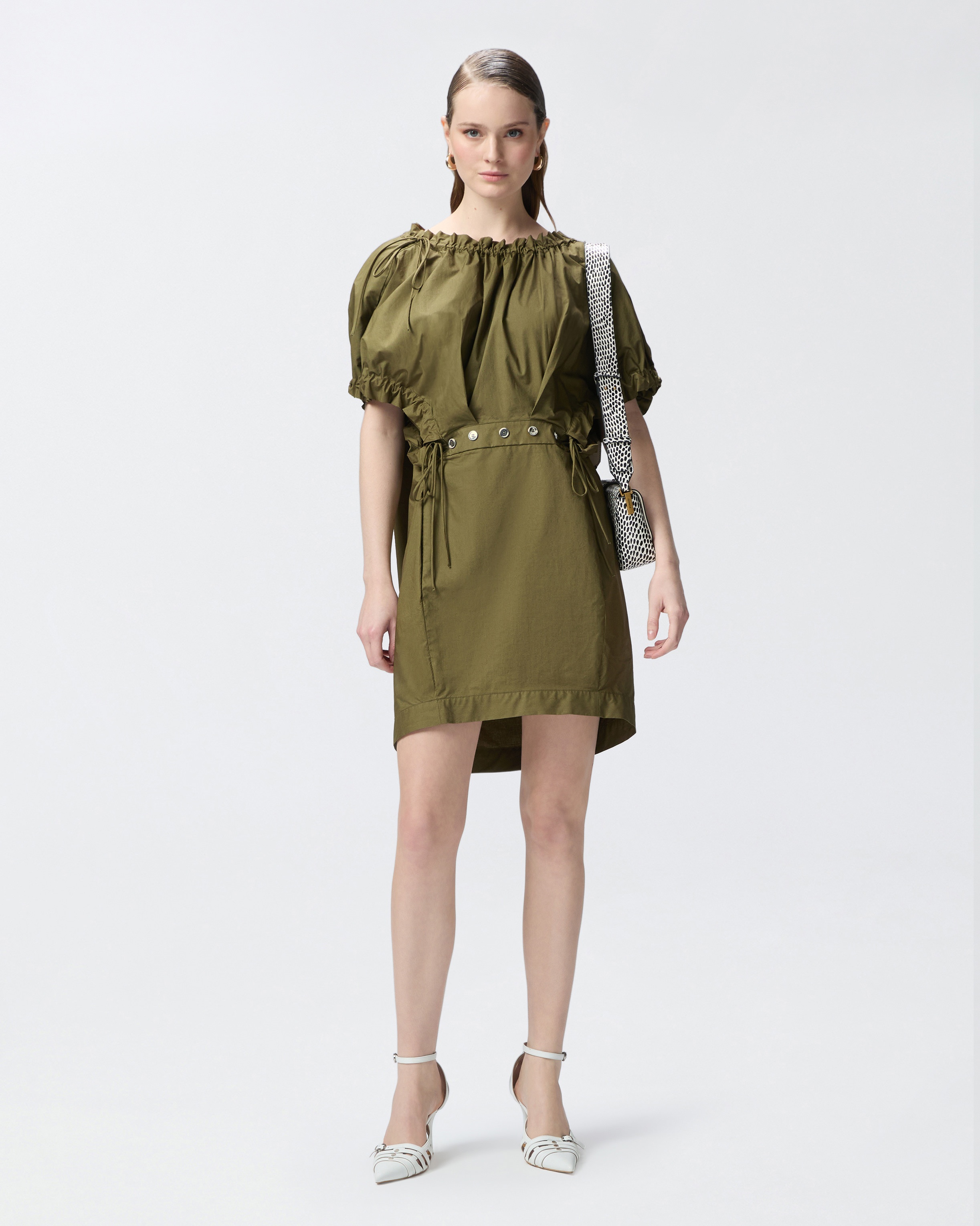 SHORT POPLIN DRESS WITH GATHERS AND EYELETS - 3