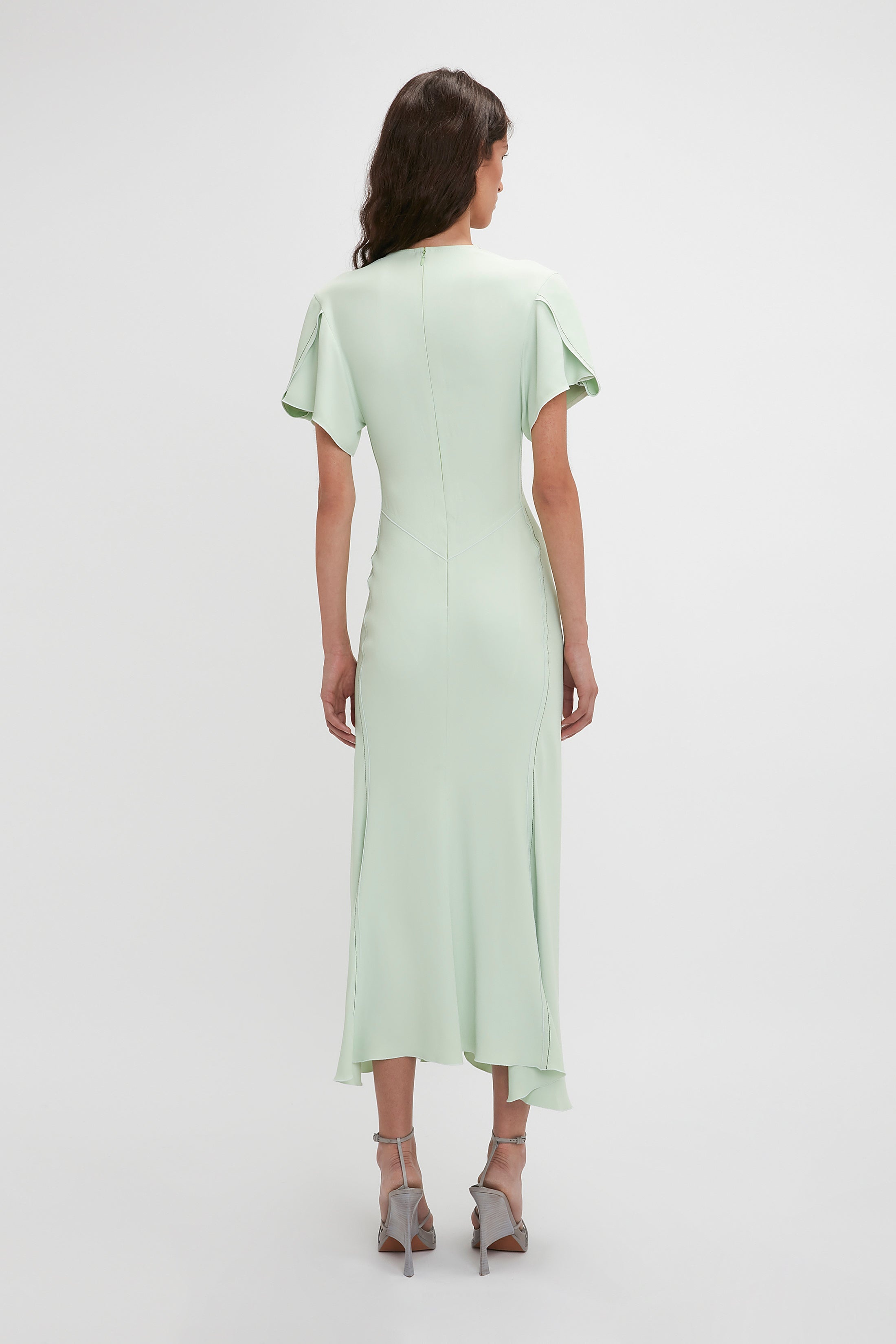 Gathered V-Neck Midi Dress In Jade - 4