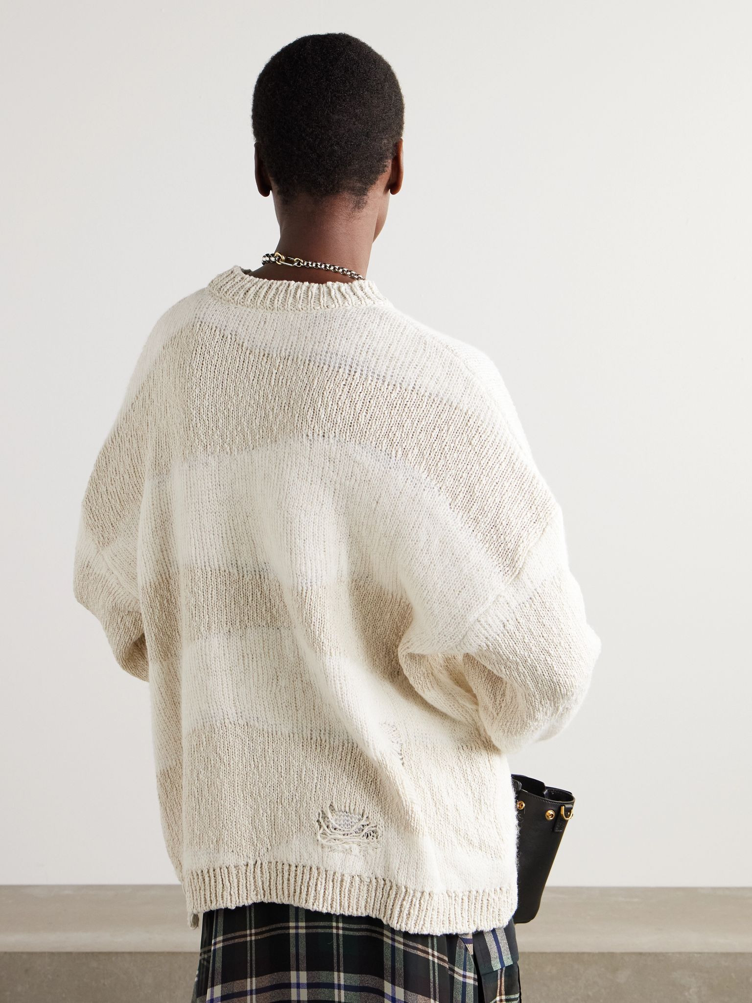 Popover distressed striped cotton and linen-blend sweater White - 3
