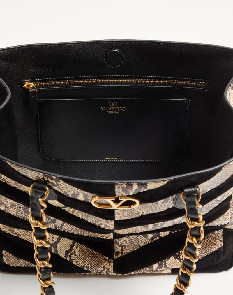 VALENTINO GARAVANI LASEINE SHOPPING BAG IN PYTHON AND CHEVRON-PATTERNED SUEDE 5