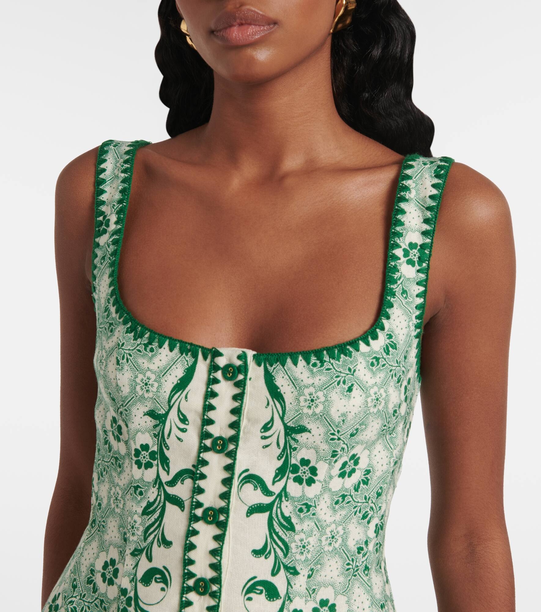 Olive printed linen and cotton minidress - 4