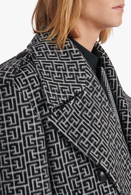 Long ivory and black Balmain monogram wool coat - 9