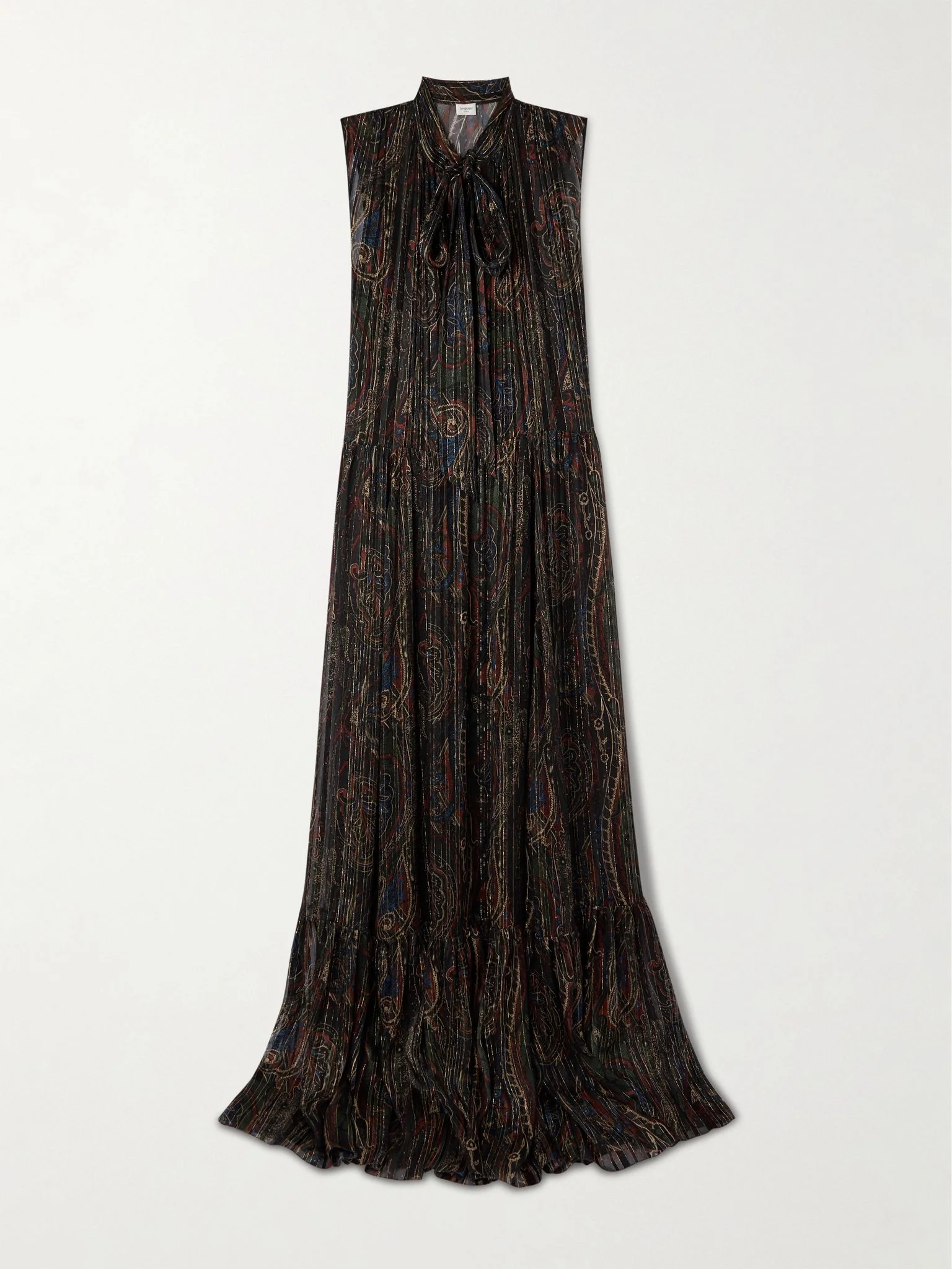 Pleated tiered paisley-print metallic silk-blend georgette maxi dress Black - 1