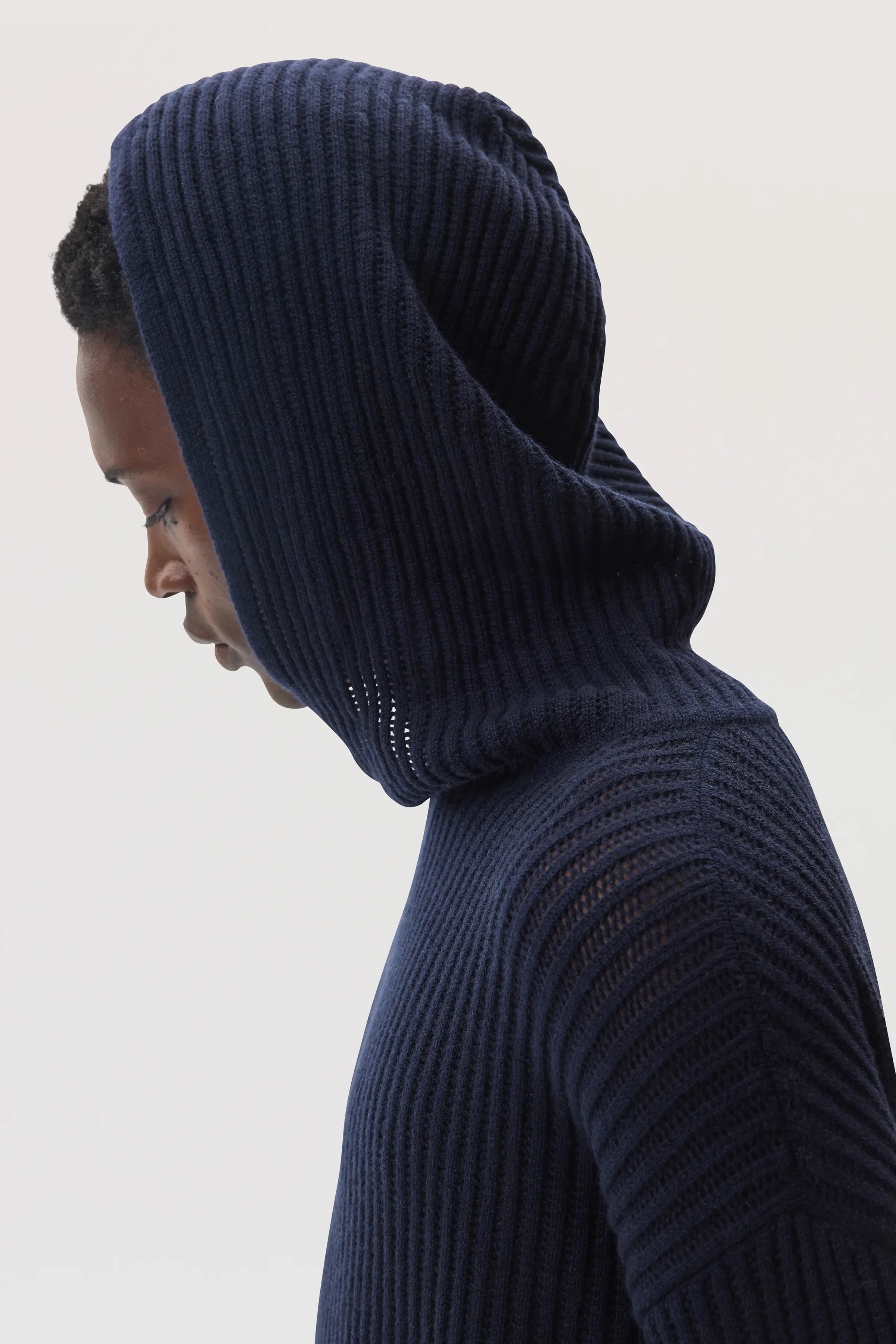 Mesh Rib Cashmere Navy Hoodie - 3