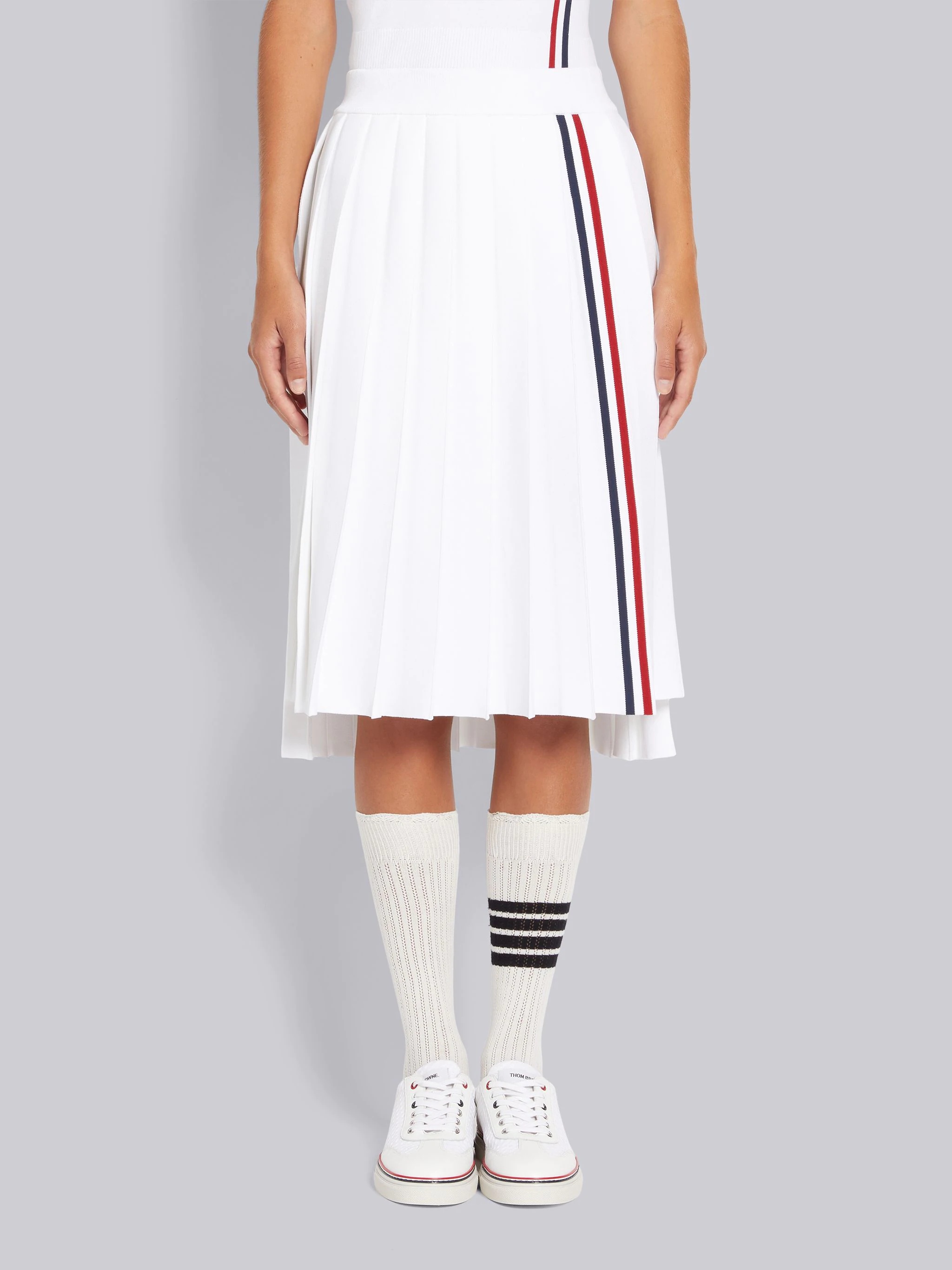 White Stretch Viscose Stripe Below The Knee Pleated Skirt - 1