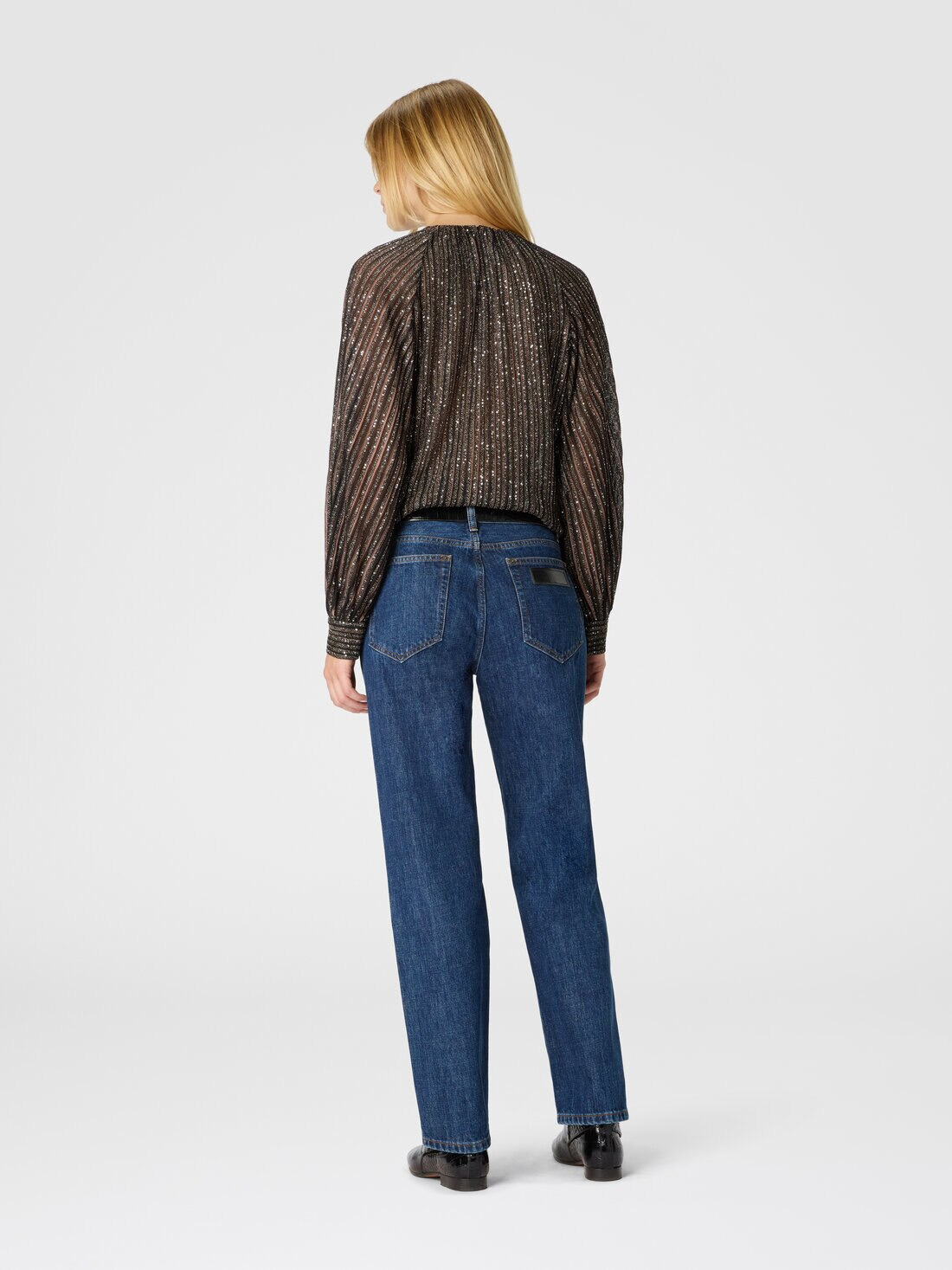 Flared Crew Neck Sweater with Lamé Stripes - 3